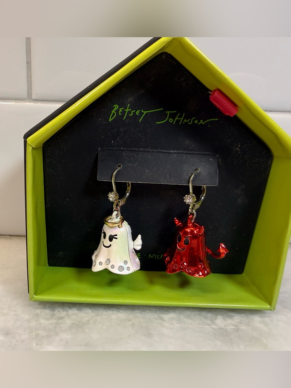 Betsey Johnson Halloween Ghost Devil Drop Earrings  Crystals Red NIB